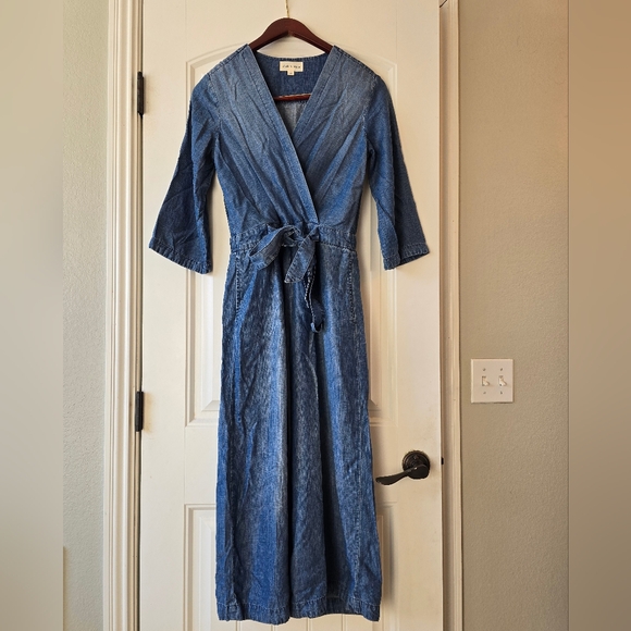 Anthropologie Cloth & Stone  Chambray Wrap Jumpsuit XS Blue Wide Leg Tie Waist - Picture 4 of 16